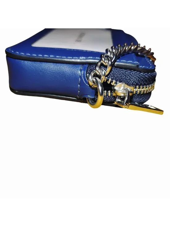 Coach Denim Blue Quilted Smooth Leather Zip Closure Wallet Chain Card Slots Silv - Picture 11 of 13